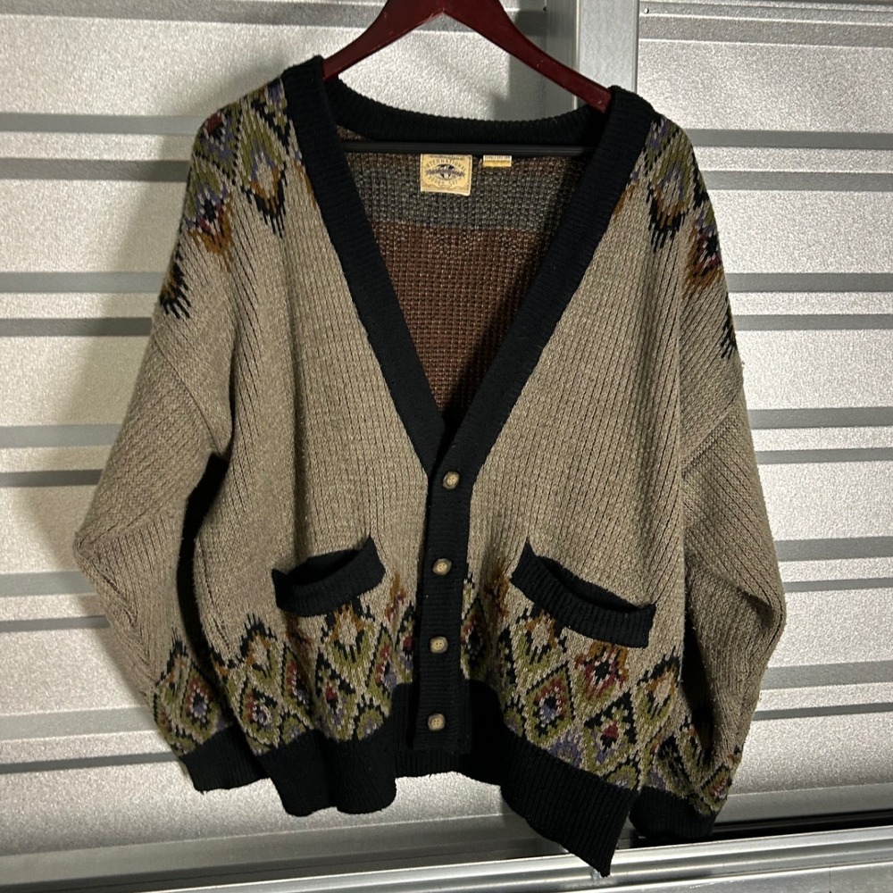 VINTAGE International Rough Cut Cardigan Mens L Brown Geometric Grandpacore 90s